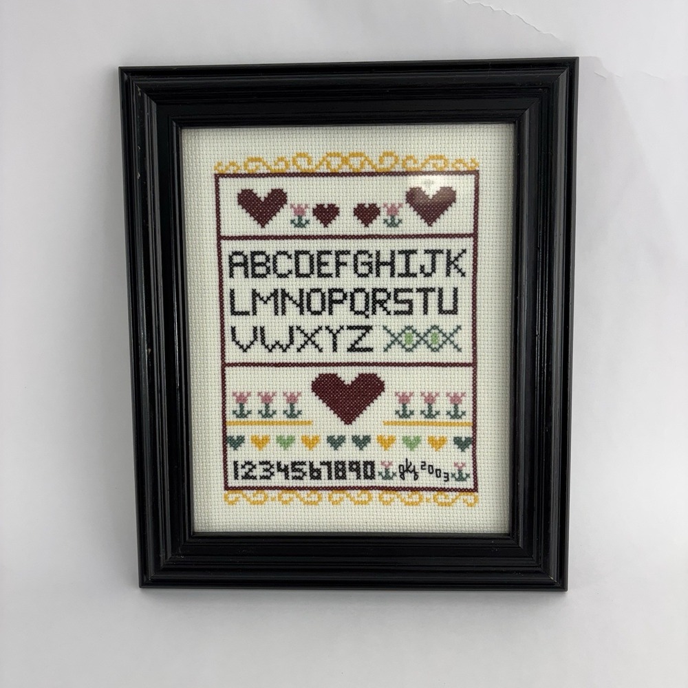 VTG Framed Cross Stitch Art Alphabet Sampler Country Cottage Core Grandma